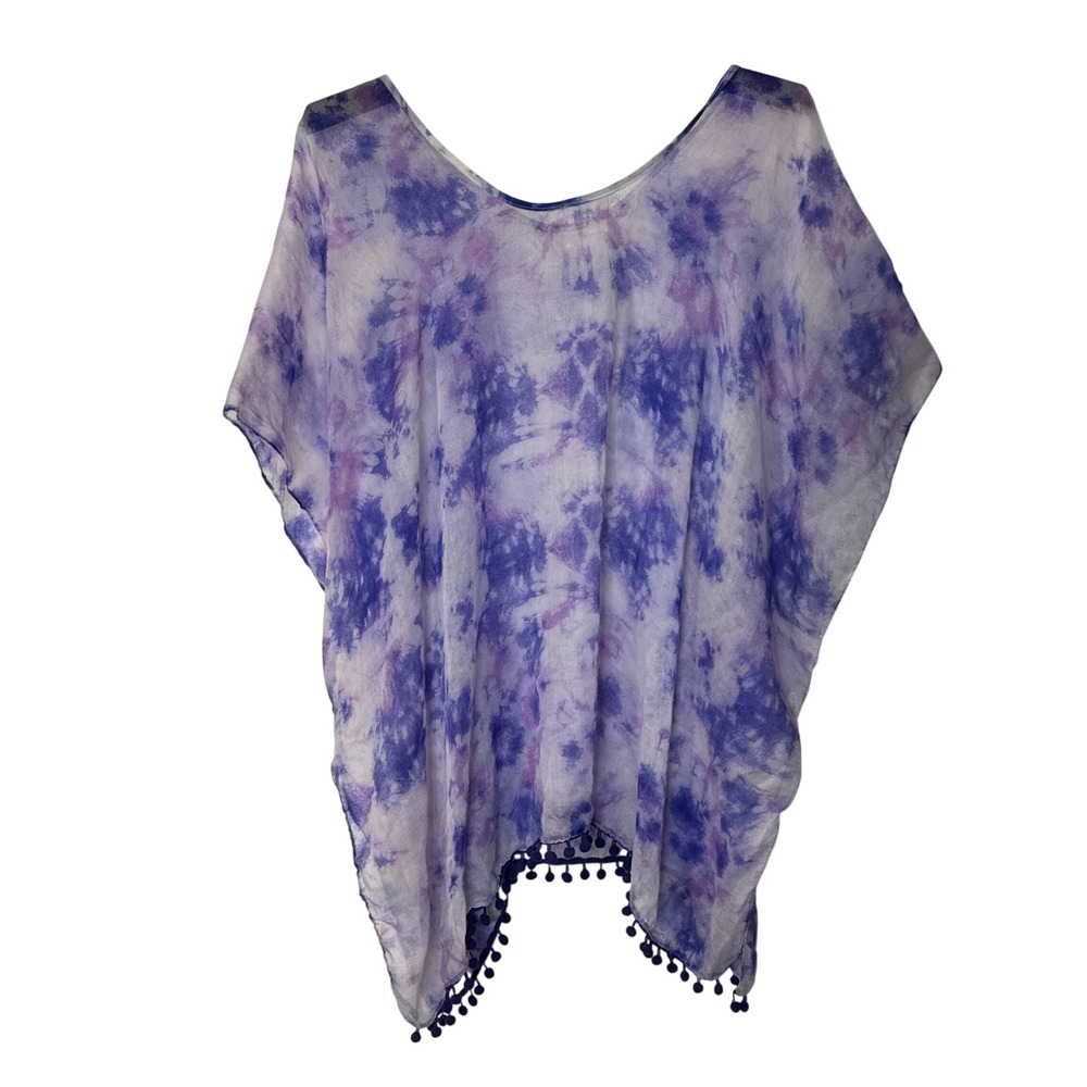 Tie Dye Poncho Top OS Gauze Whimsical Pom Pom Trim Beach Cover Up Festival Y2K